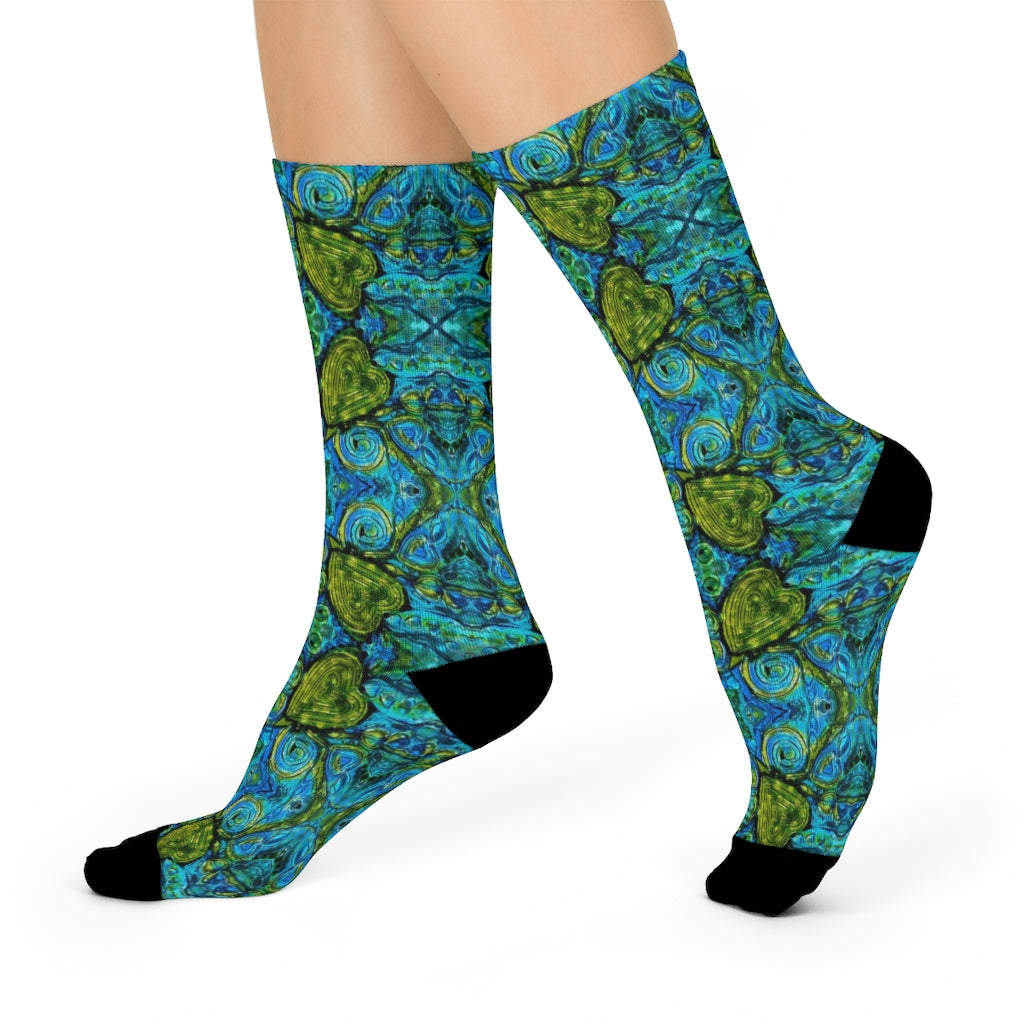 fun socks showing side with green hearts