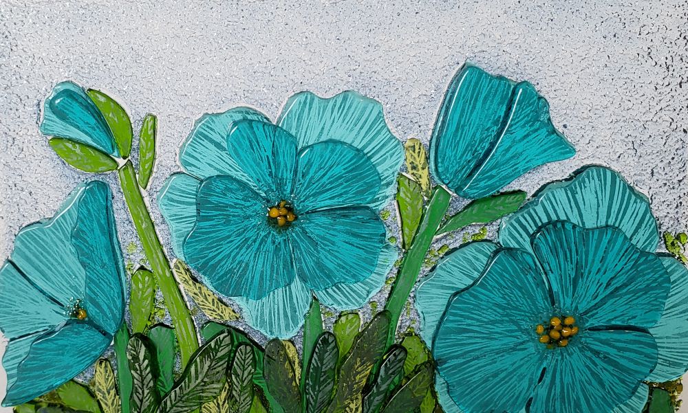 Close up of blue glass himalayan poppies art 