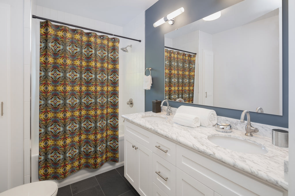 bathroom decor setting showing shower curtain in place