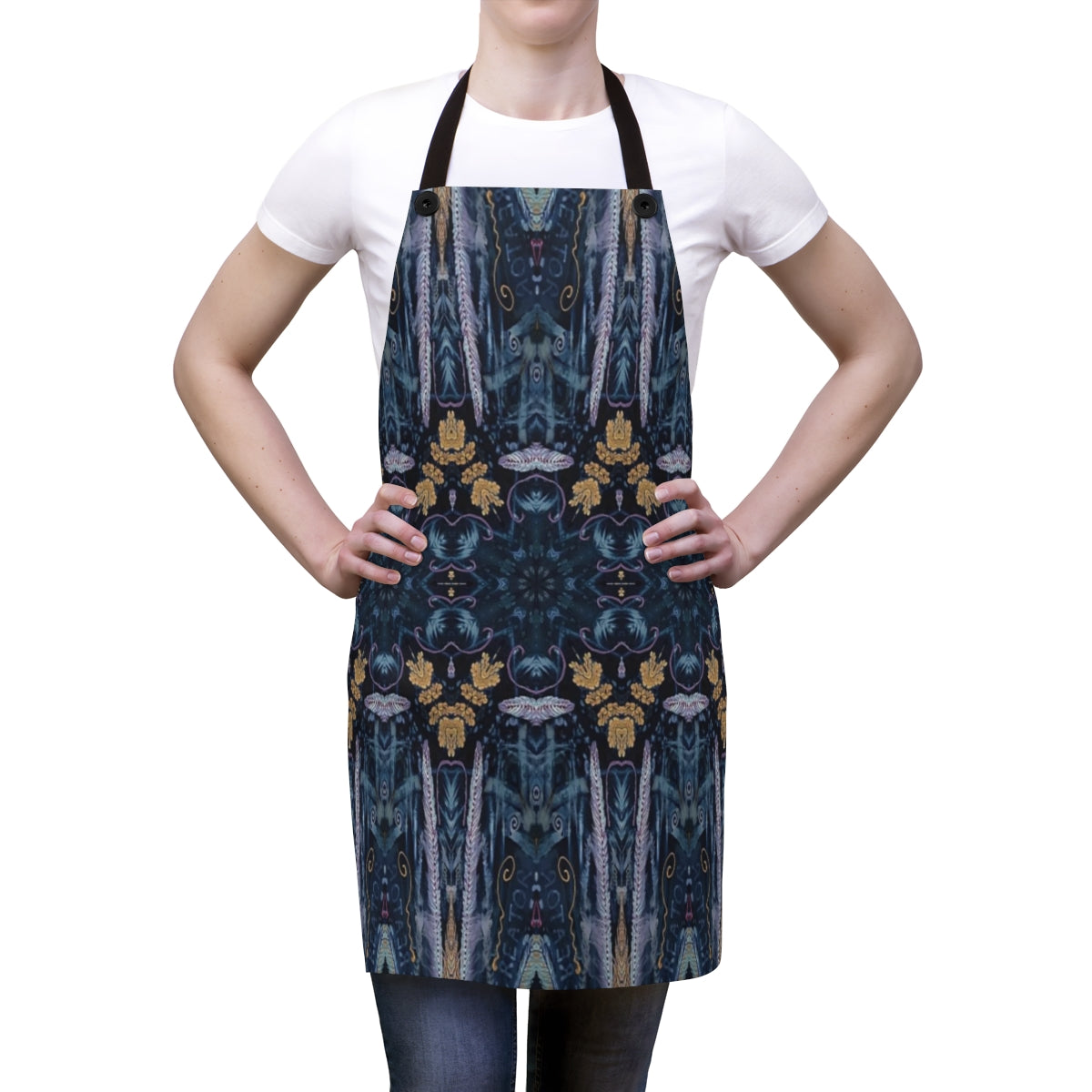 Indigo Beauty Apron shown on a woman