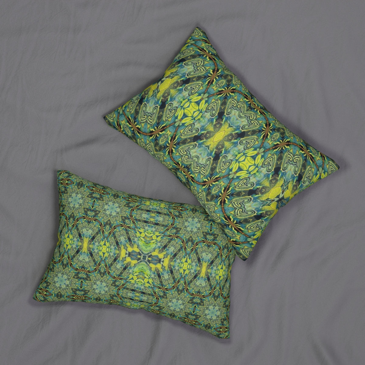 lumbar pillow with different design in blue and  green on  each side