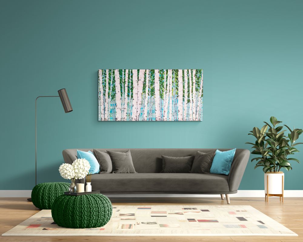 Birch Tree Painting shown in Modern chic living room with blue and green colorscheme
