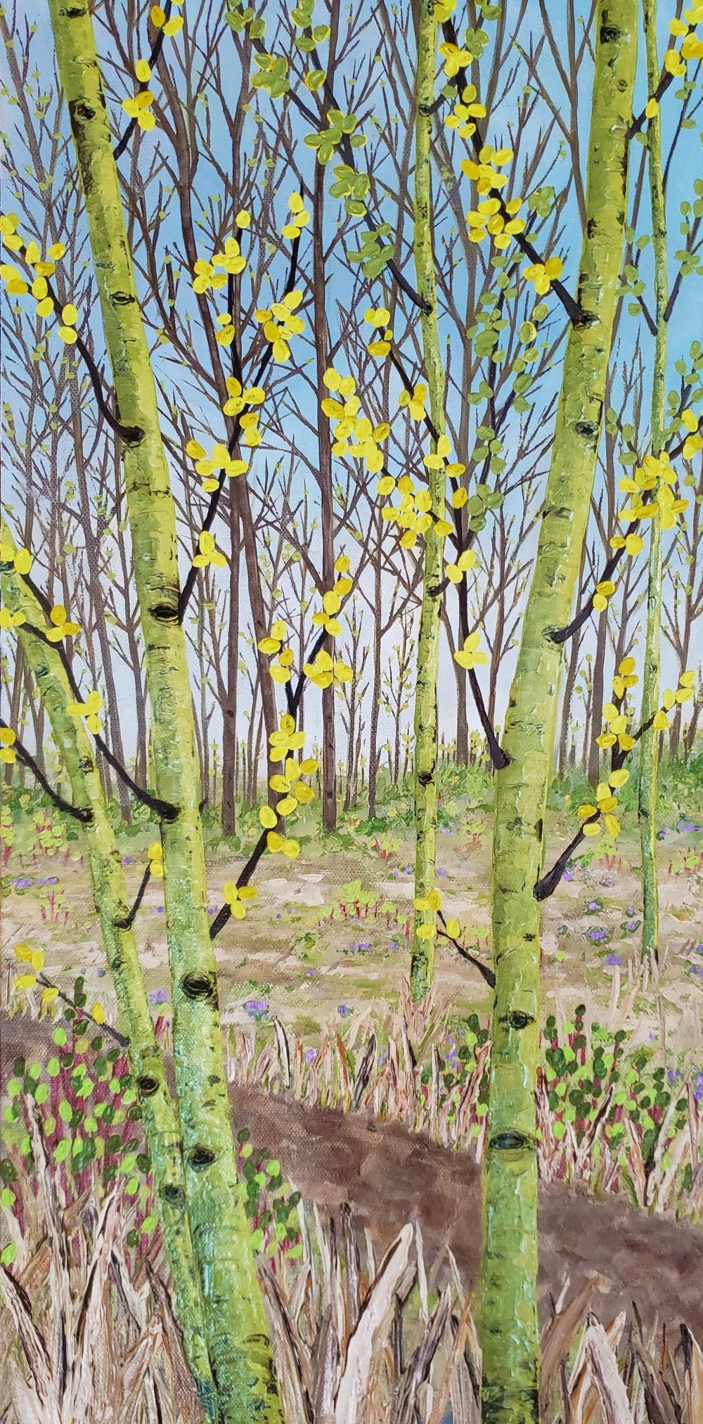 Palette knife painting of green aspen trees in spring  by Jeweliyana Reece