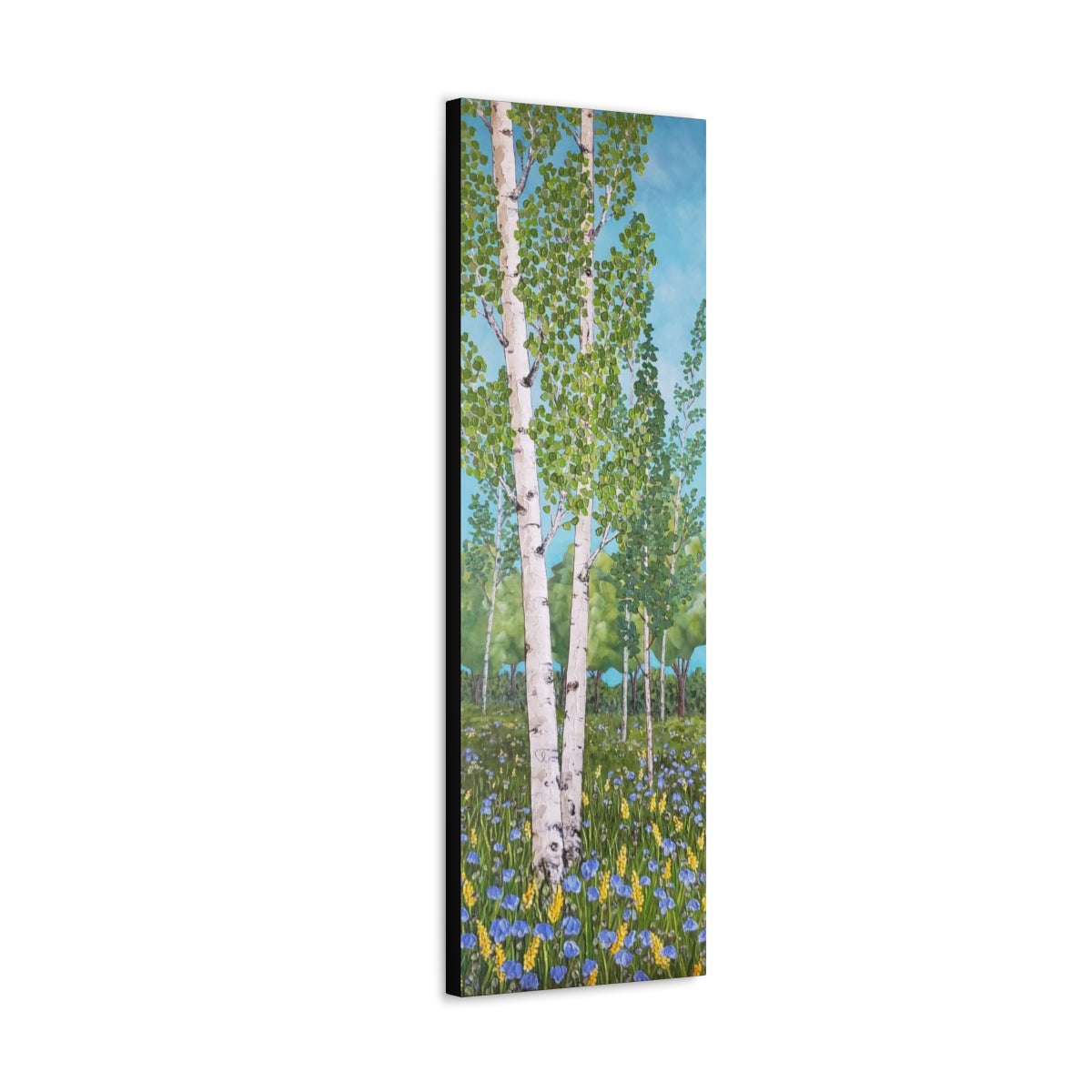Green birch trees painting with hearts carved in to the trunk of one tree