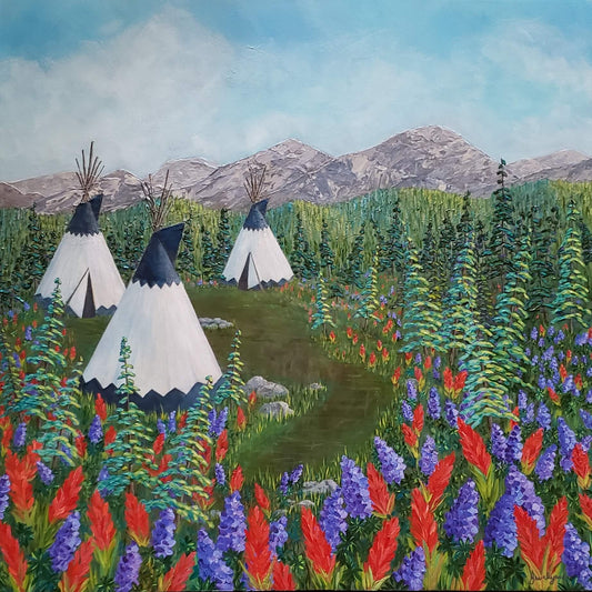 Painting of Teepees in a mountain meadow surrounded by wild flowers 