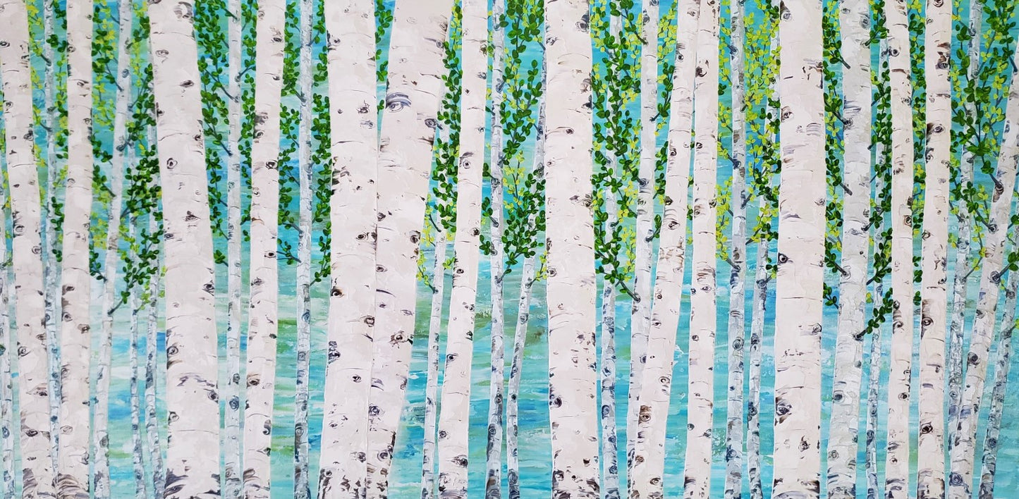 Palette Knife Painting of  birch trees on a aqua blue  background