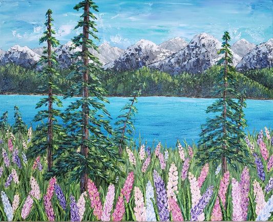 Palette Knife Painting of mountains wild flowers and a lake