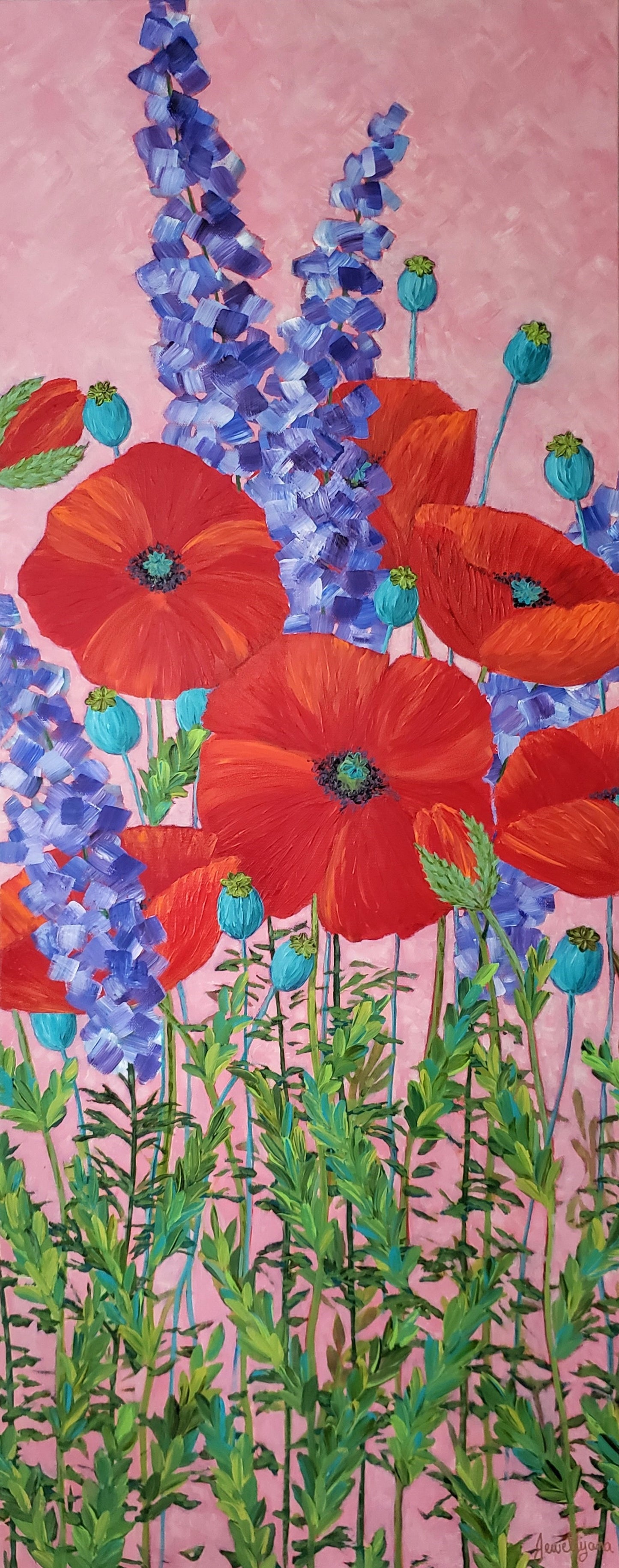 Painting of Poppies and Delphinium flowers