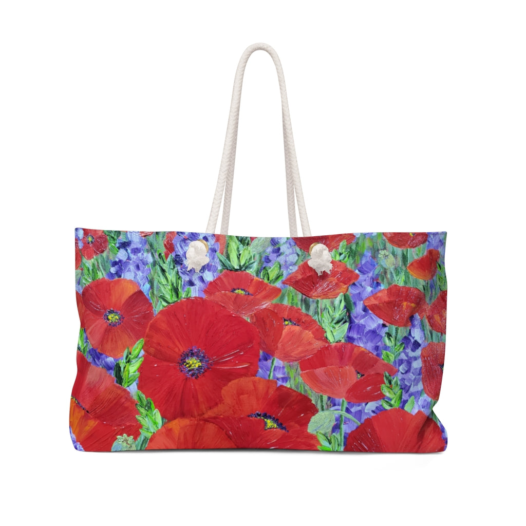 weekender bag with red poppies back viewj