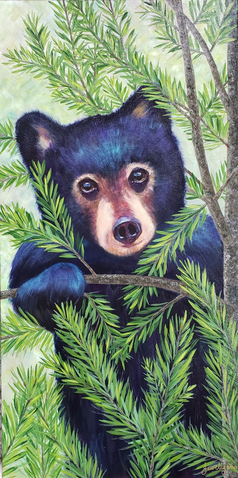 Painting of baby black bear in a tree