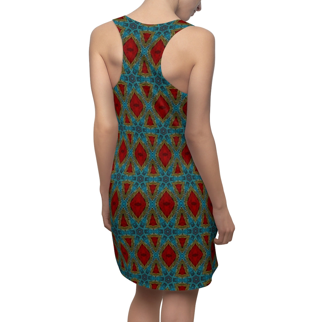 back view of desert rose red blue sundress