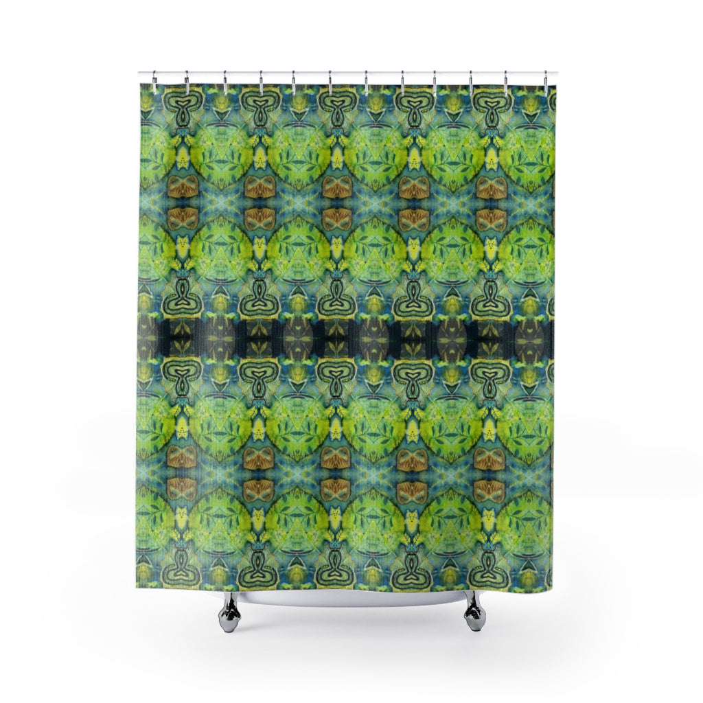 Green with navy blue shower curtain