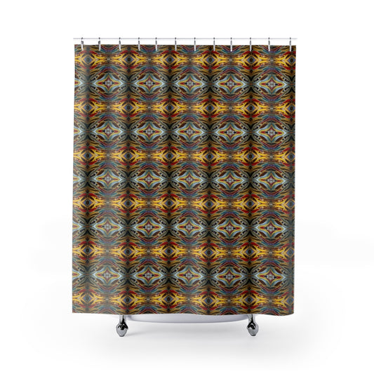 Shower curtain with silver gold red blue design