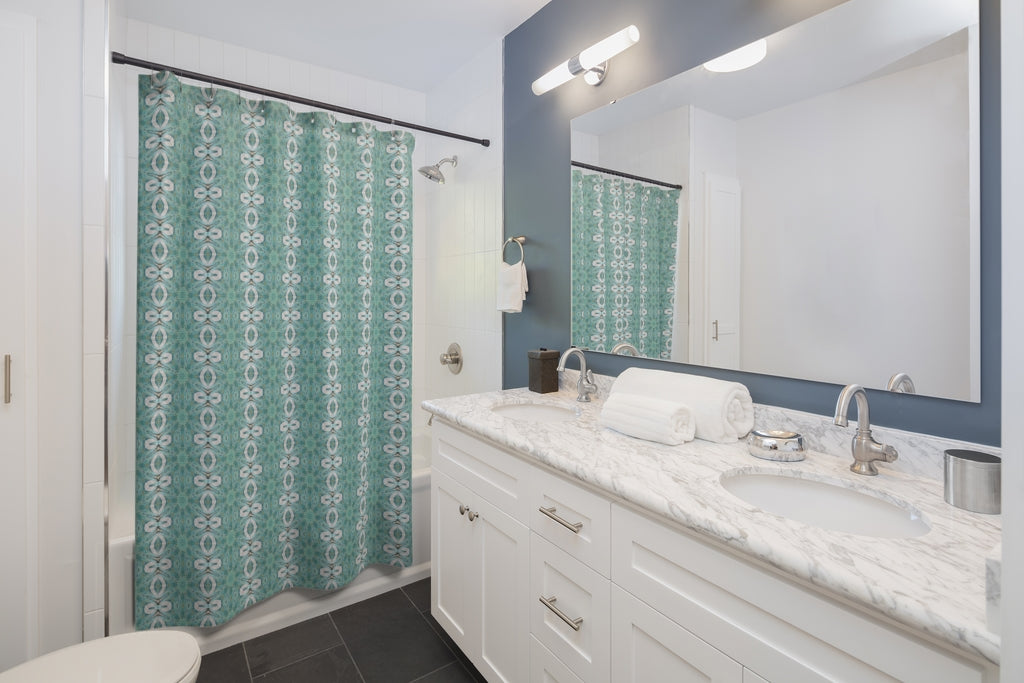 Shower curtain shown in white bathroom setting