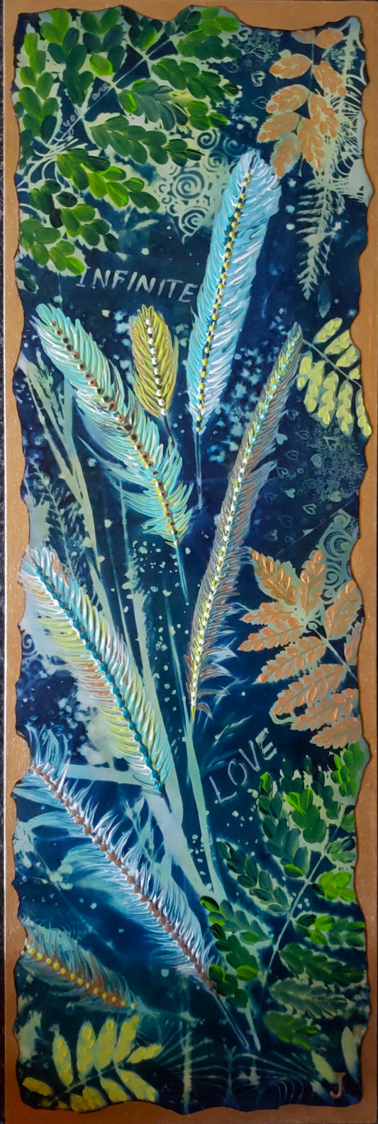 Original Artwork sunprint cyanotype mixed media of leaves and feathers in blues and greens with goldcalled You Are Infinite Love