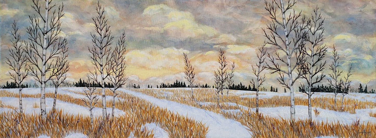 Wintery snowy field in Calgary painting by Jeweliyana Reece 