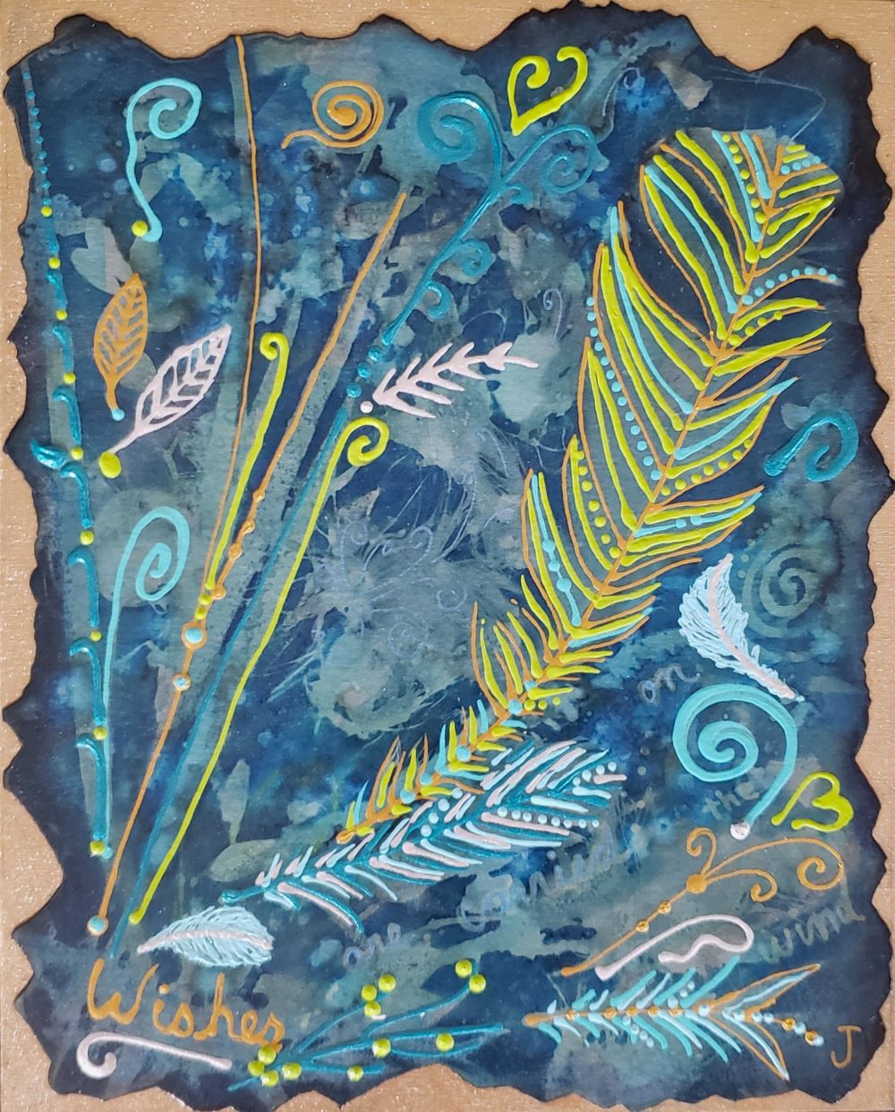 sunprint artwork original of feathers on dark blue with lime and aqua accents on gold birch board