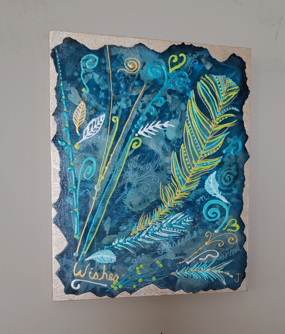 8 x10 Cyanotype Art of feathers in dark blues on gold boardon