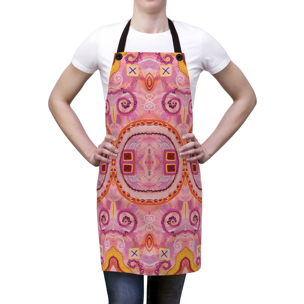 Apron with pink design shown on woman