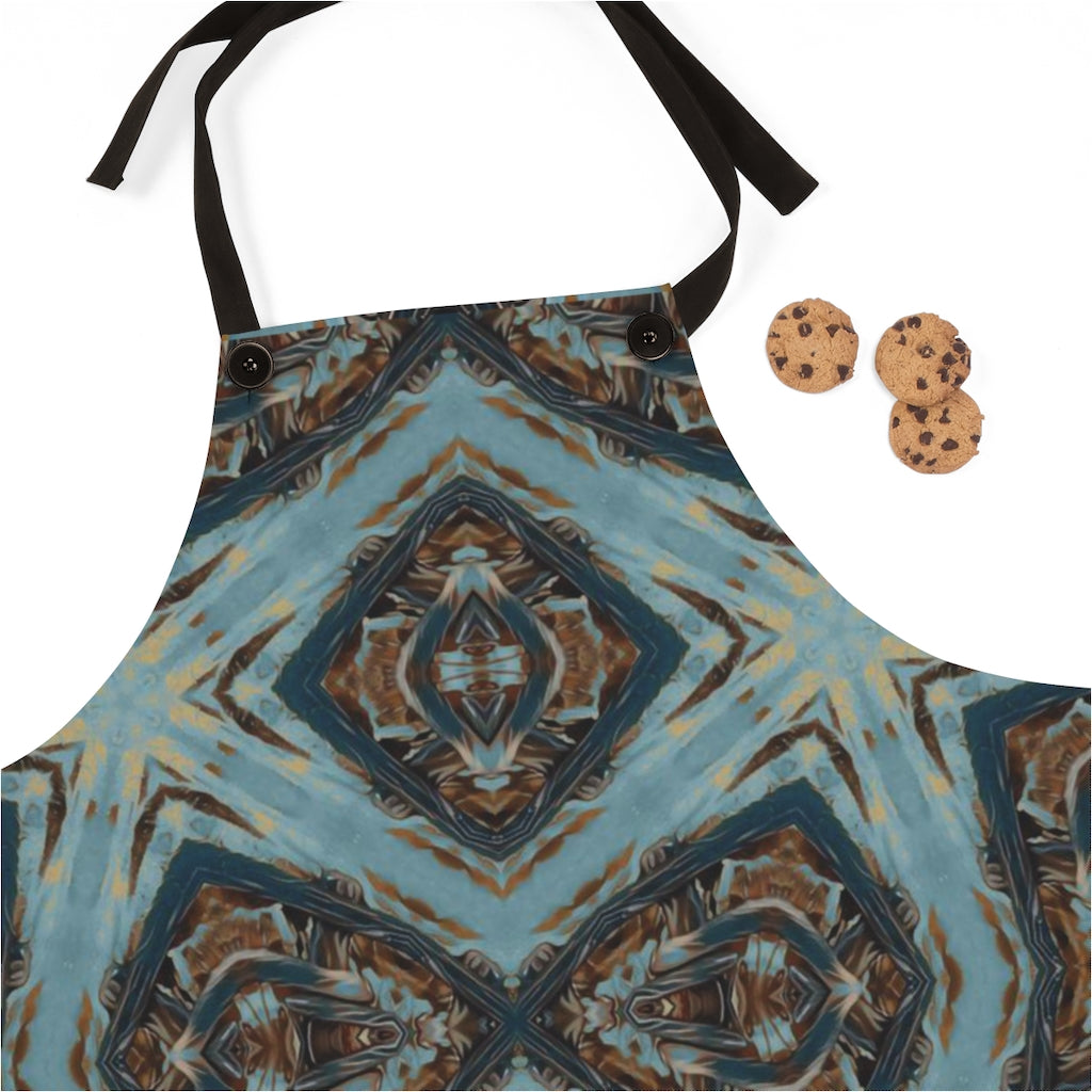 aprons with pattern in blue and brown