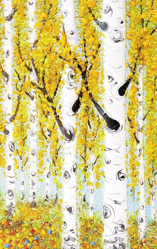artwork made of glass. golden yellow birch trees in autumn
