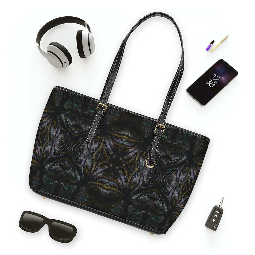 black purse shown with accessories for scale