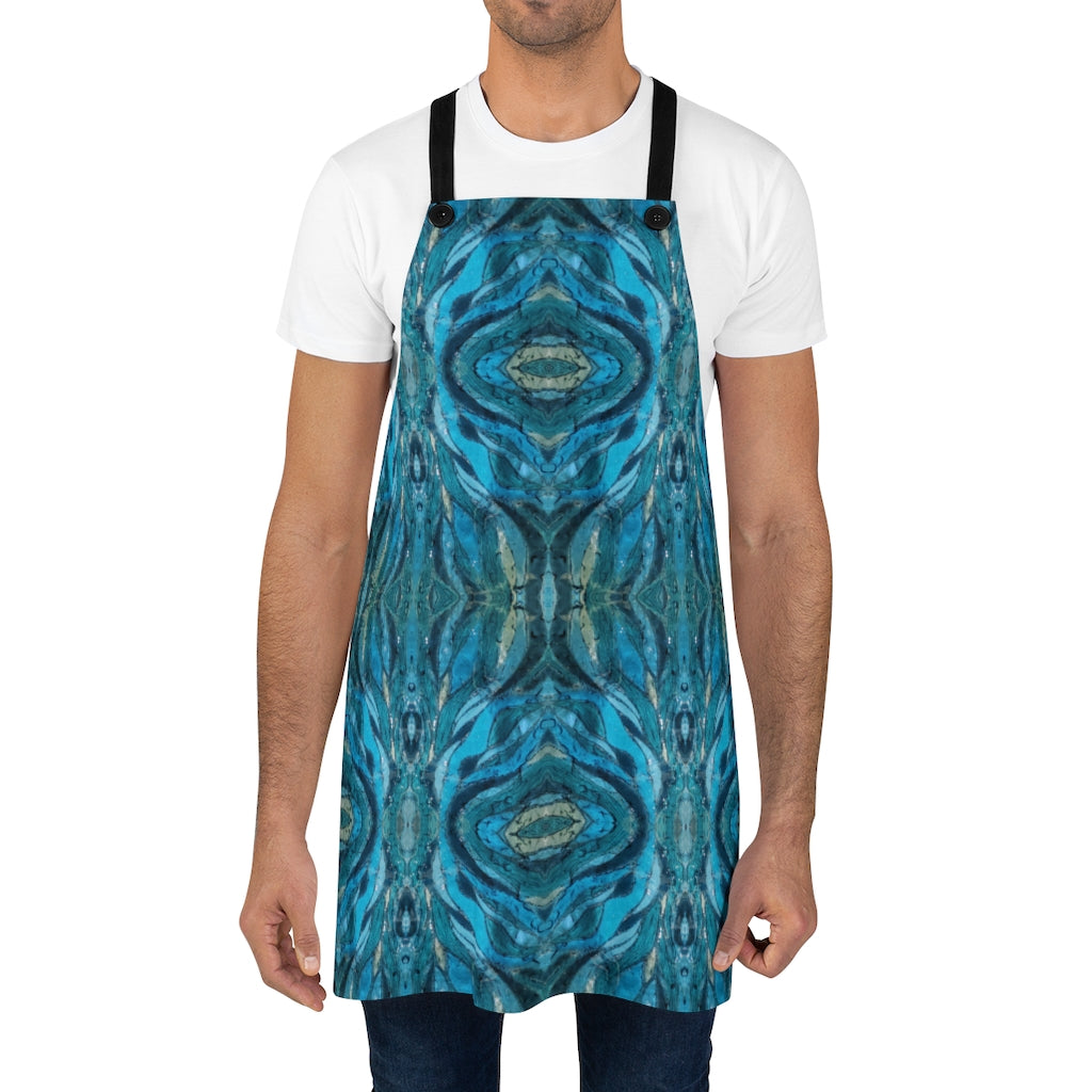 blue cooking apron shown on a man