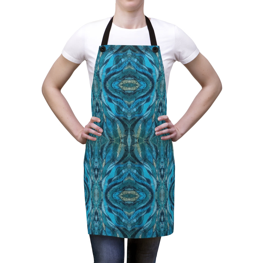 blue cooking apron shown on a woman