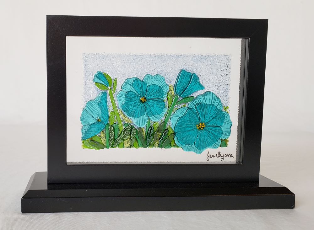 Glass Art Himalayan Blue poppies in frame
