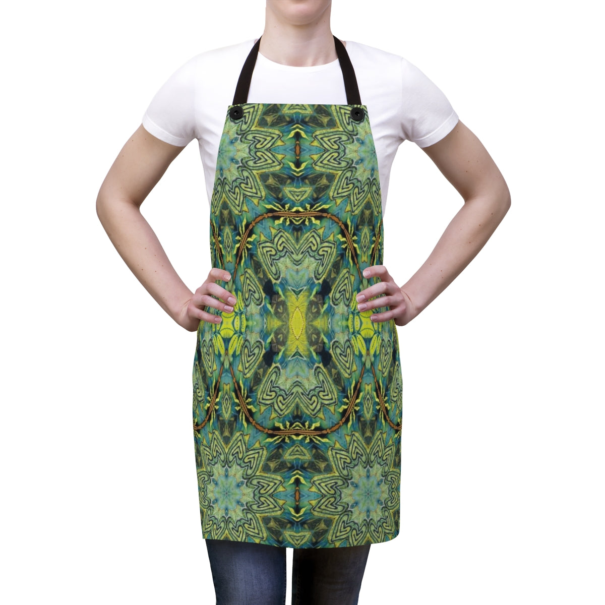 cooking apron with blue green designer print