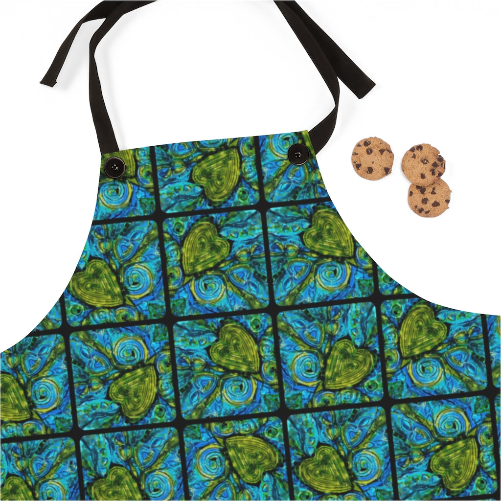 Cooking apron with green hearts on blue pattern