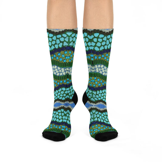 cool blue dress socks with fun pattern