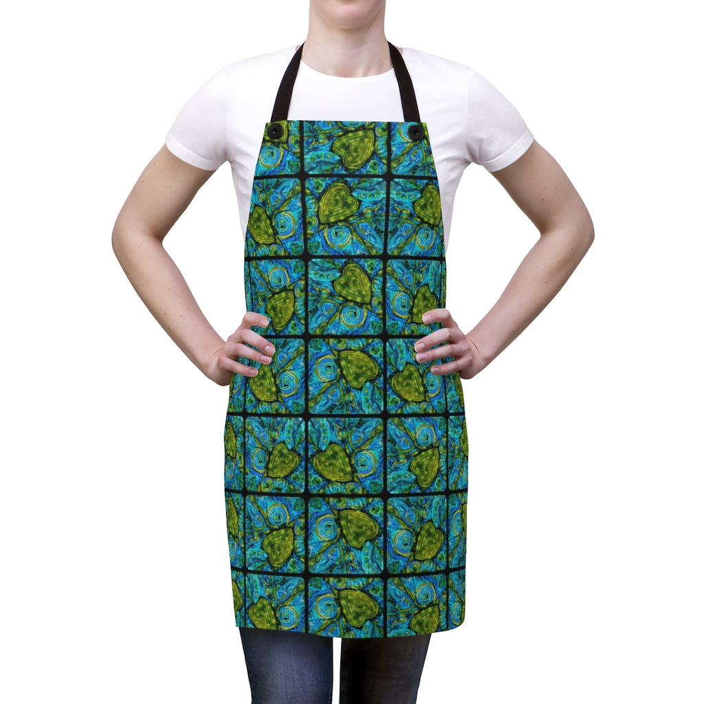 Cute apron covered in green hearts on a blue background