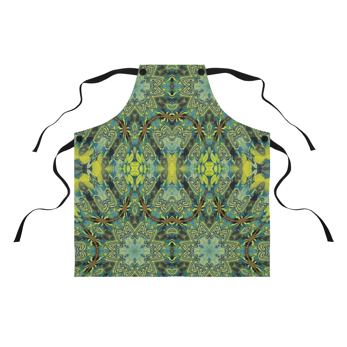 designer apron with a blue green motif printed on it