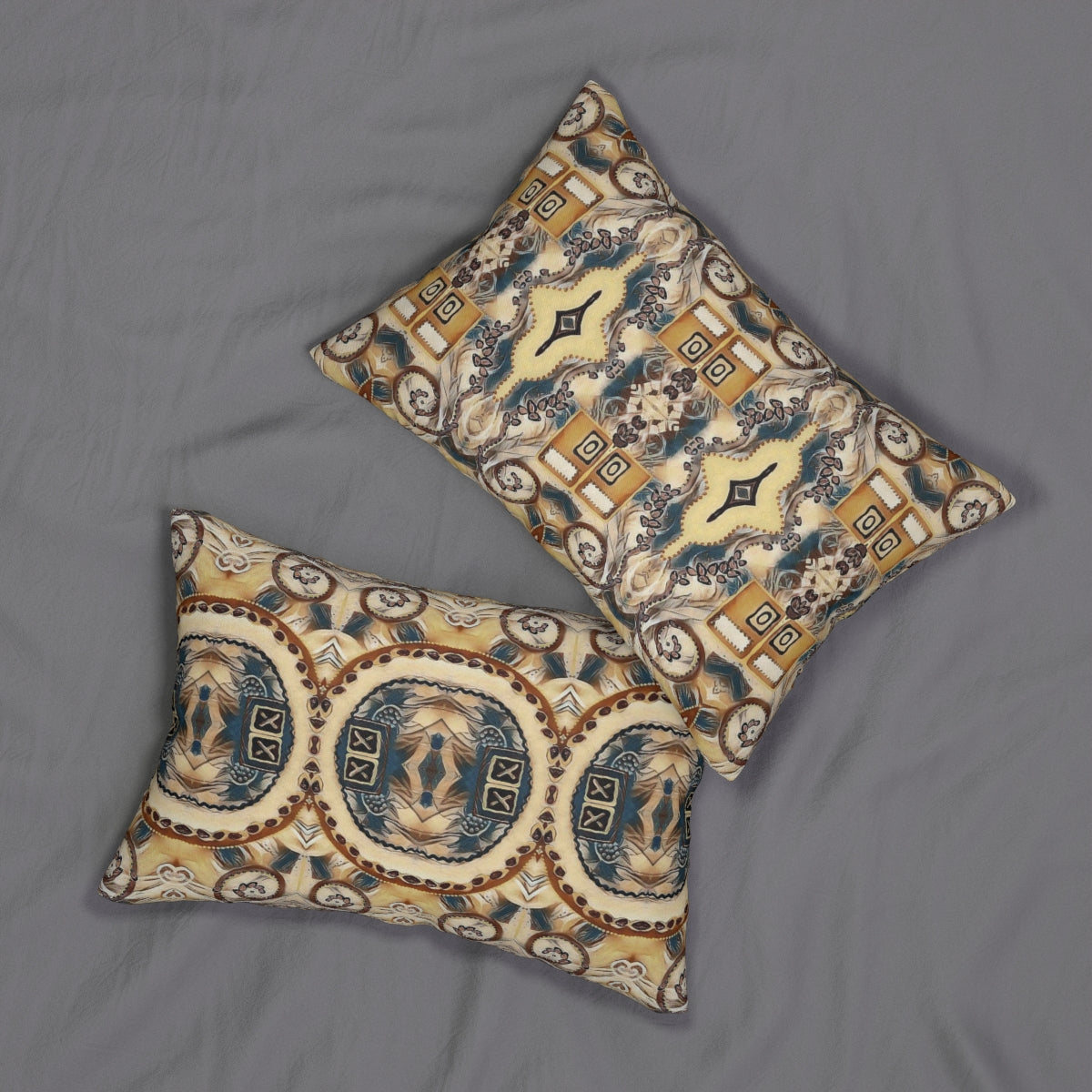 designer lumbar throw pillow with different pattern on each side