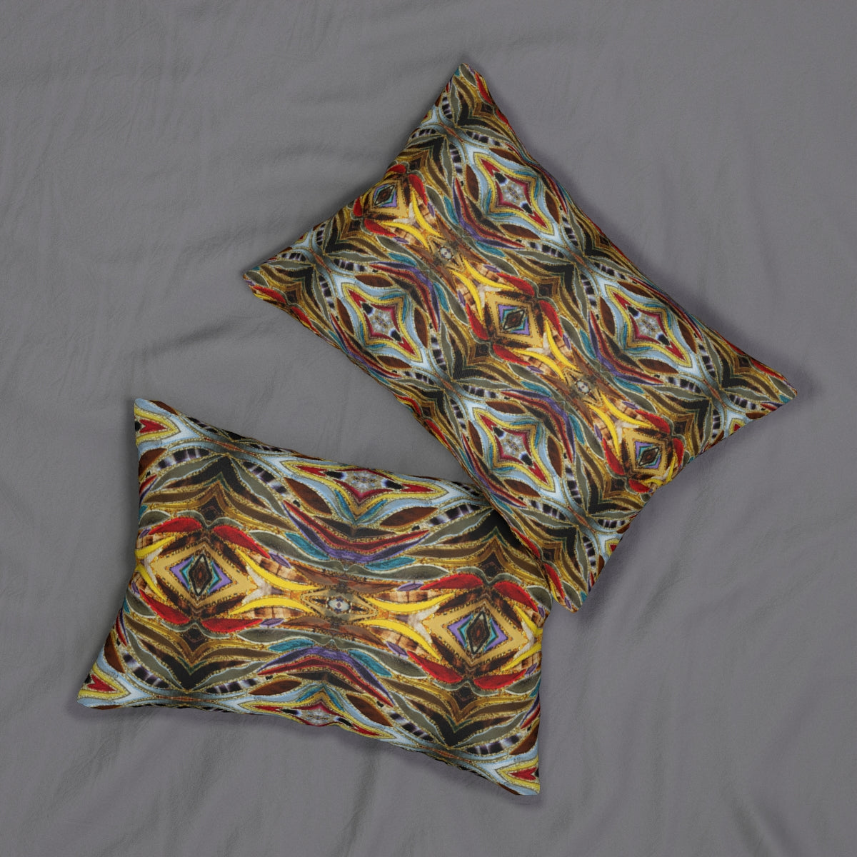 Designer lumbar throw pillows with silver gold red brown  print