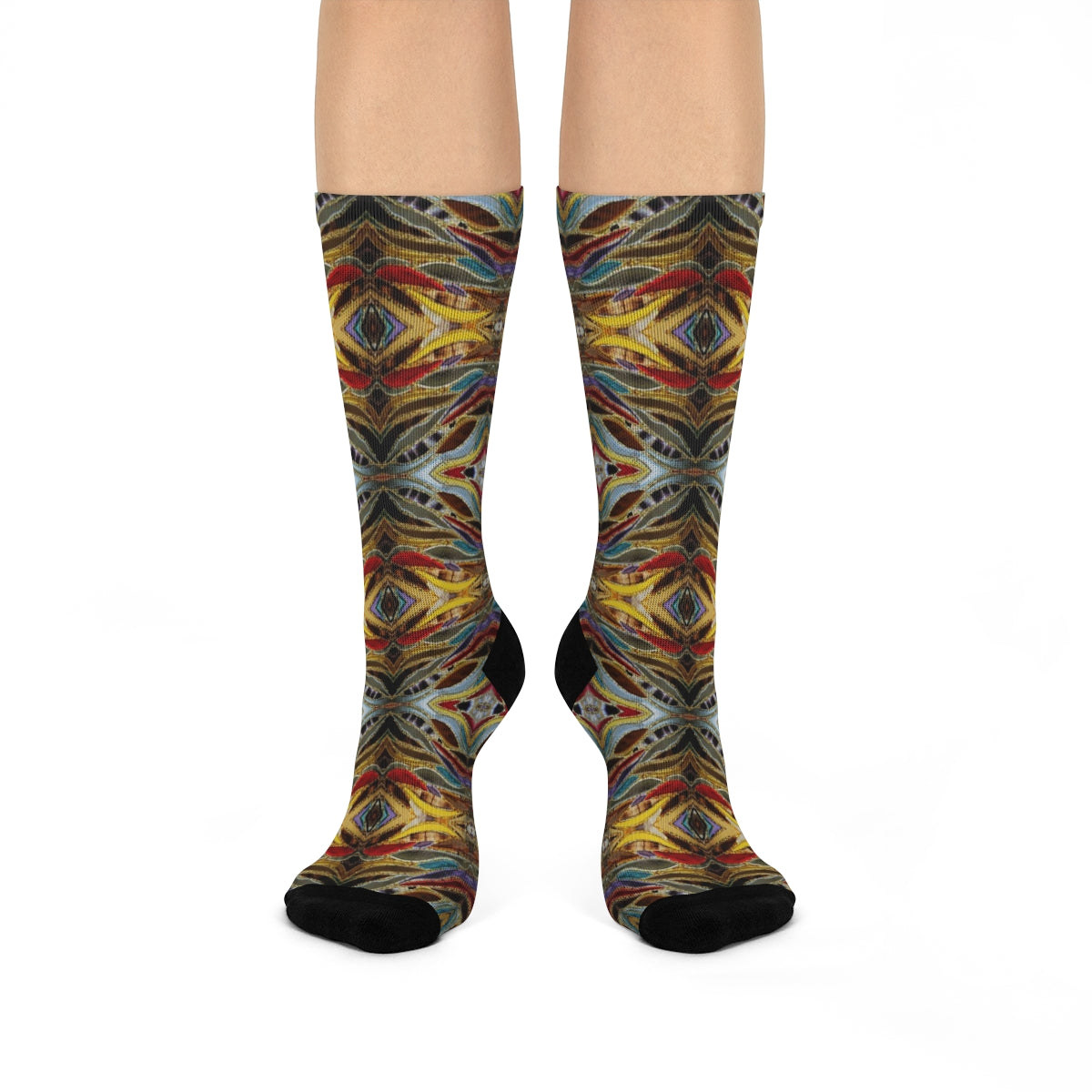 dress socks with a gold silver red and brown crazy fun print
