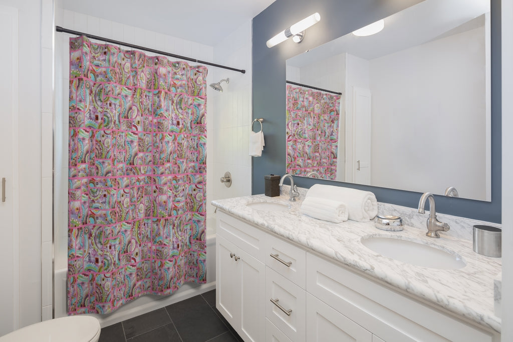 Pink shower curtain shown in bathroom setting