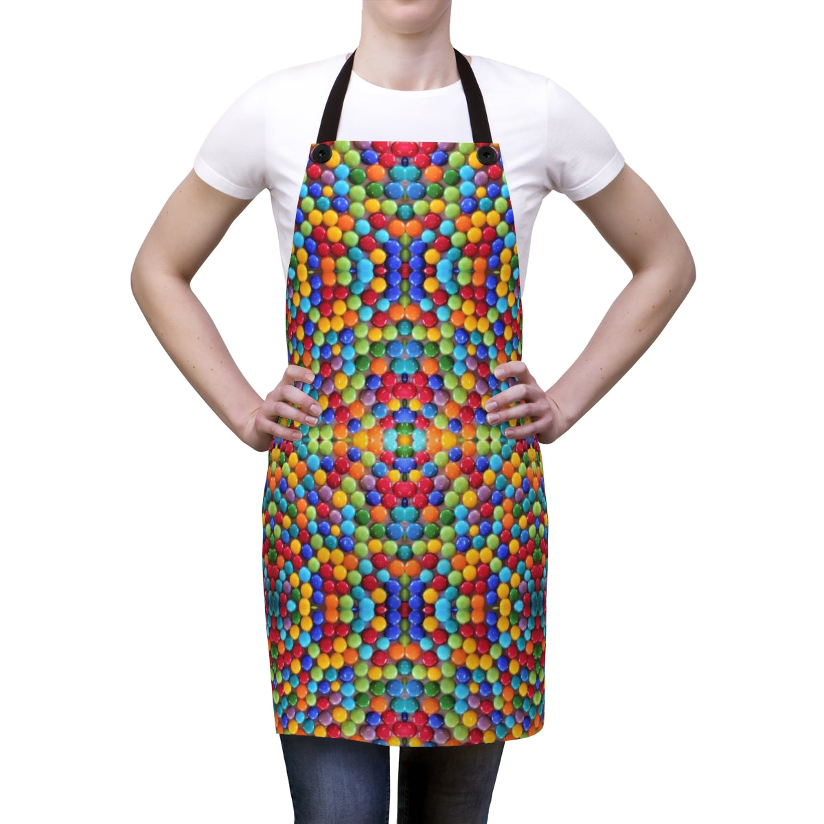 fun apron in rainbow pride colors that looks like skittles or gumballs