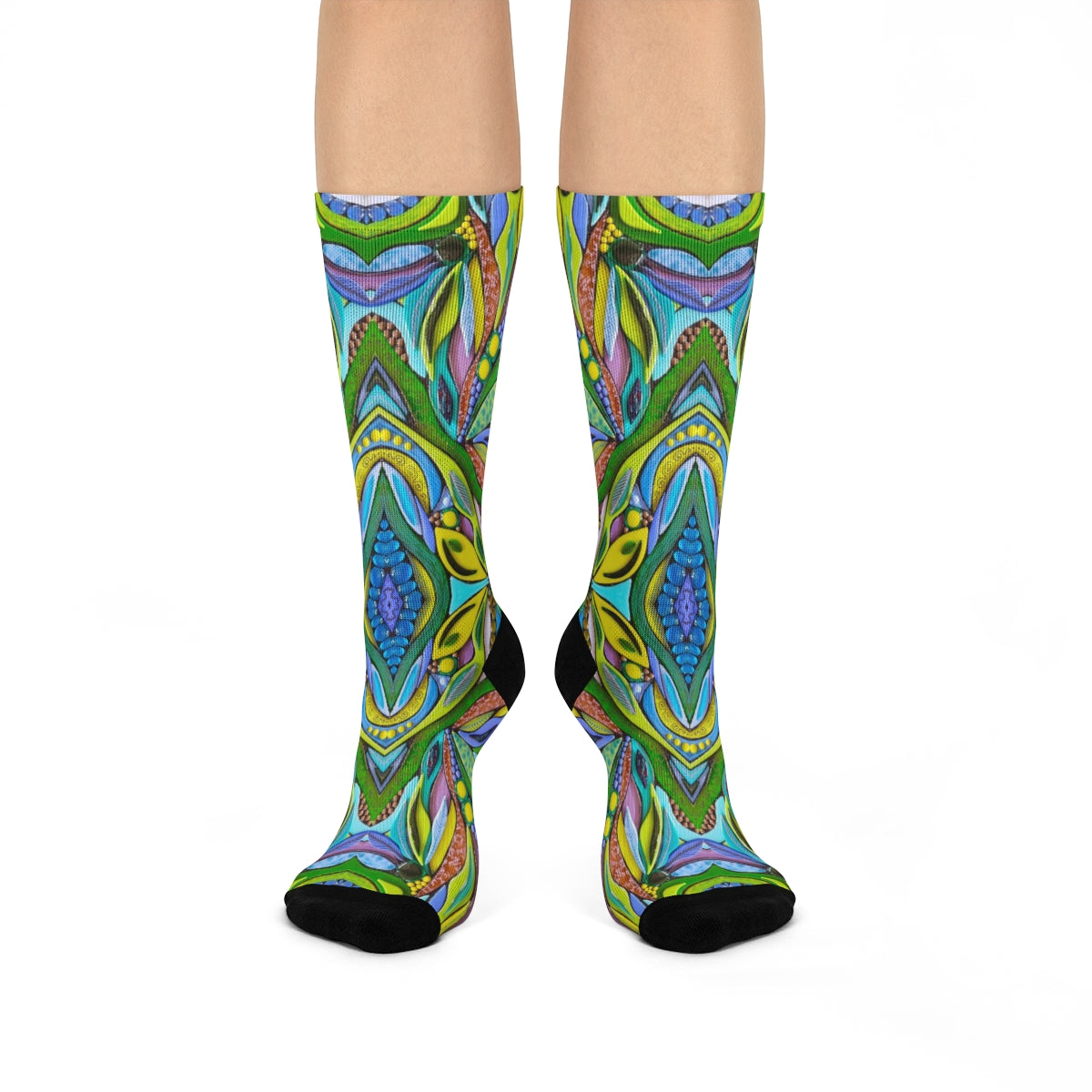 fun socks with a multi colored design print in green blue purples