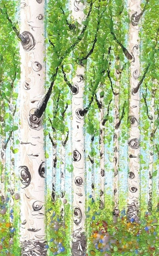 fused glass art of summer birch tree painting with green leaves