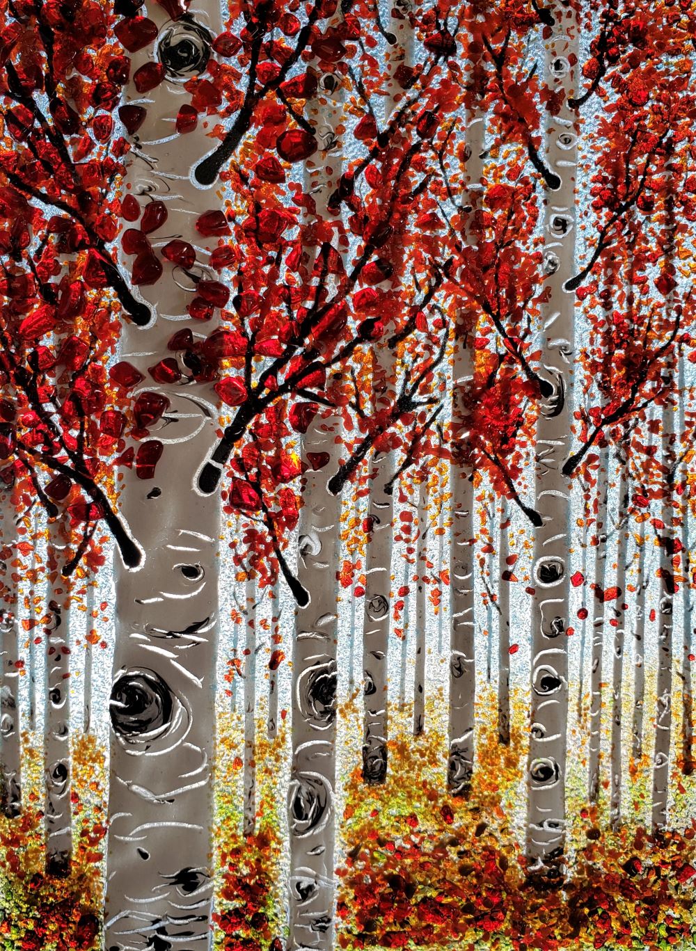 glass art of red birch trees