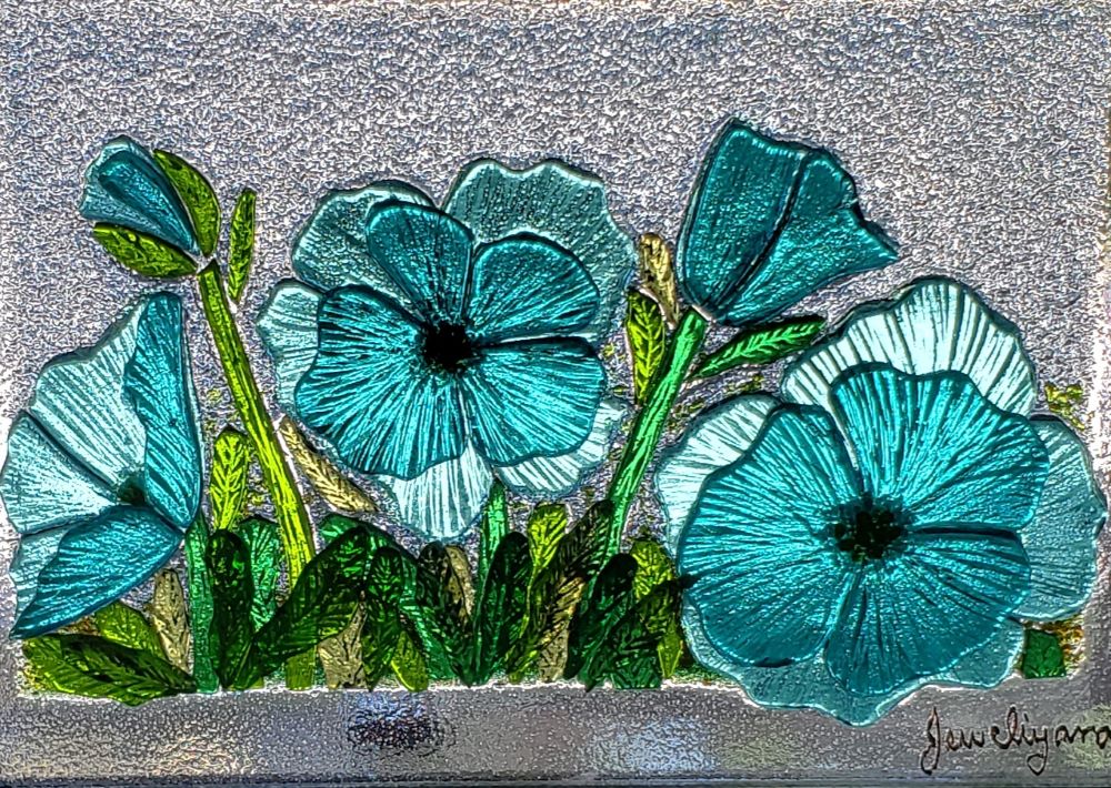 Backlit view of Himalayan Blue poppies made of glass