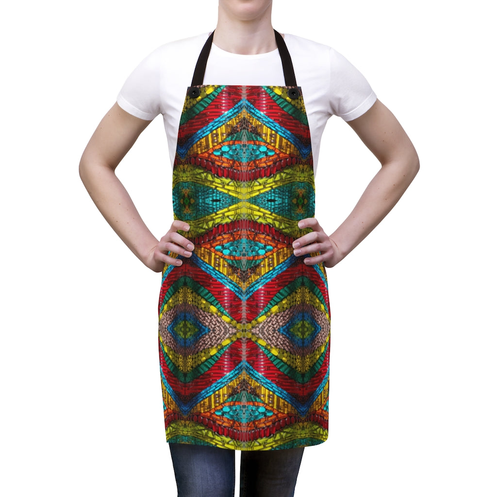 mutli colored kitchen apron on a woman