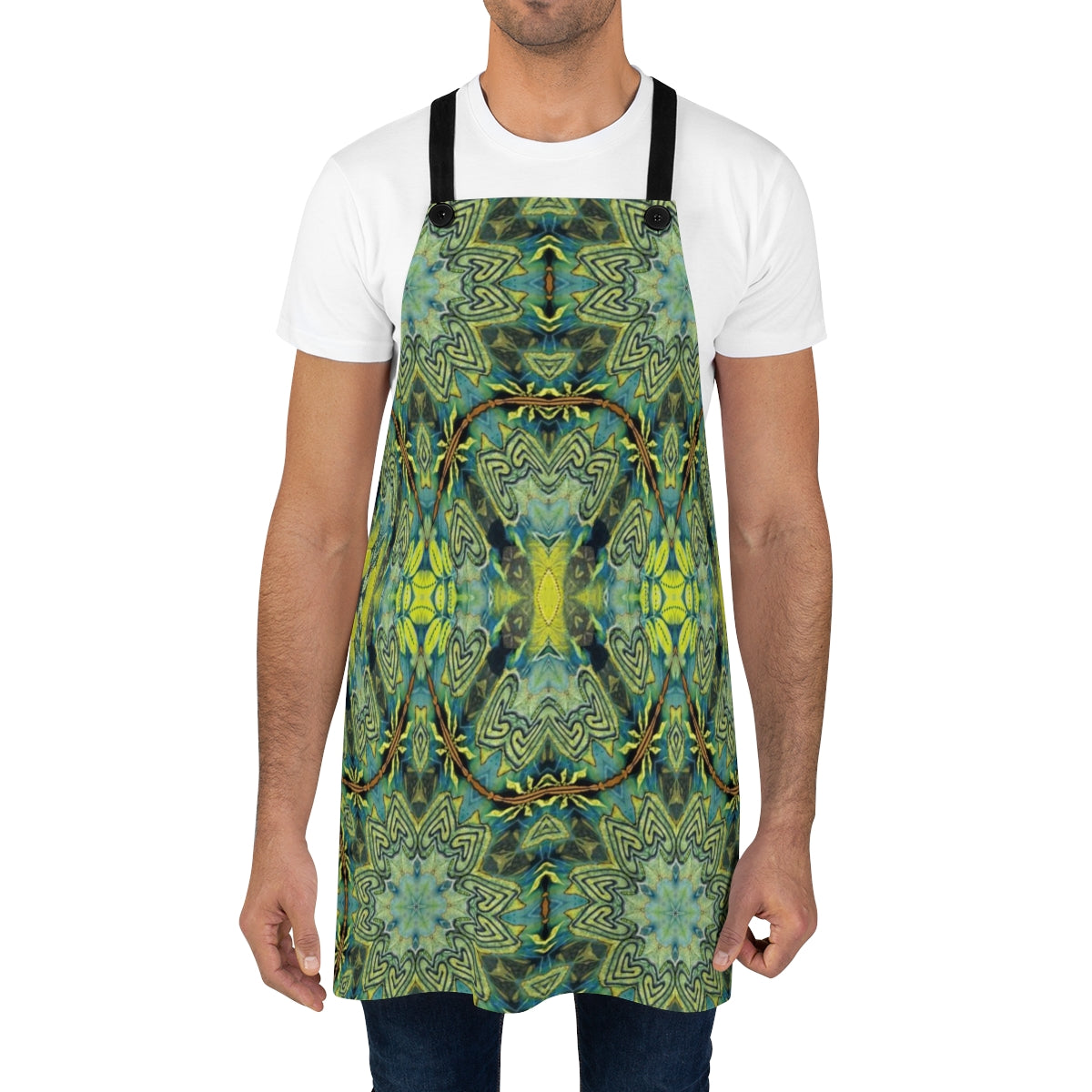 kitchen apron with designer navy and green print