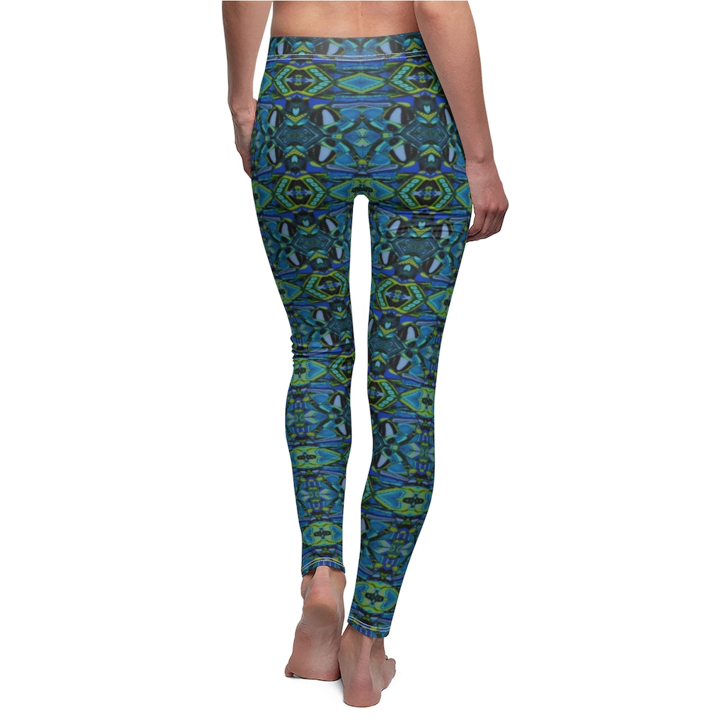 soft leggings back view showing blue green abstract design