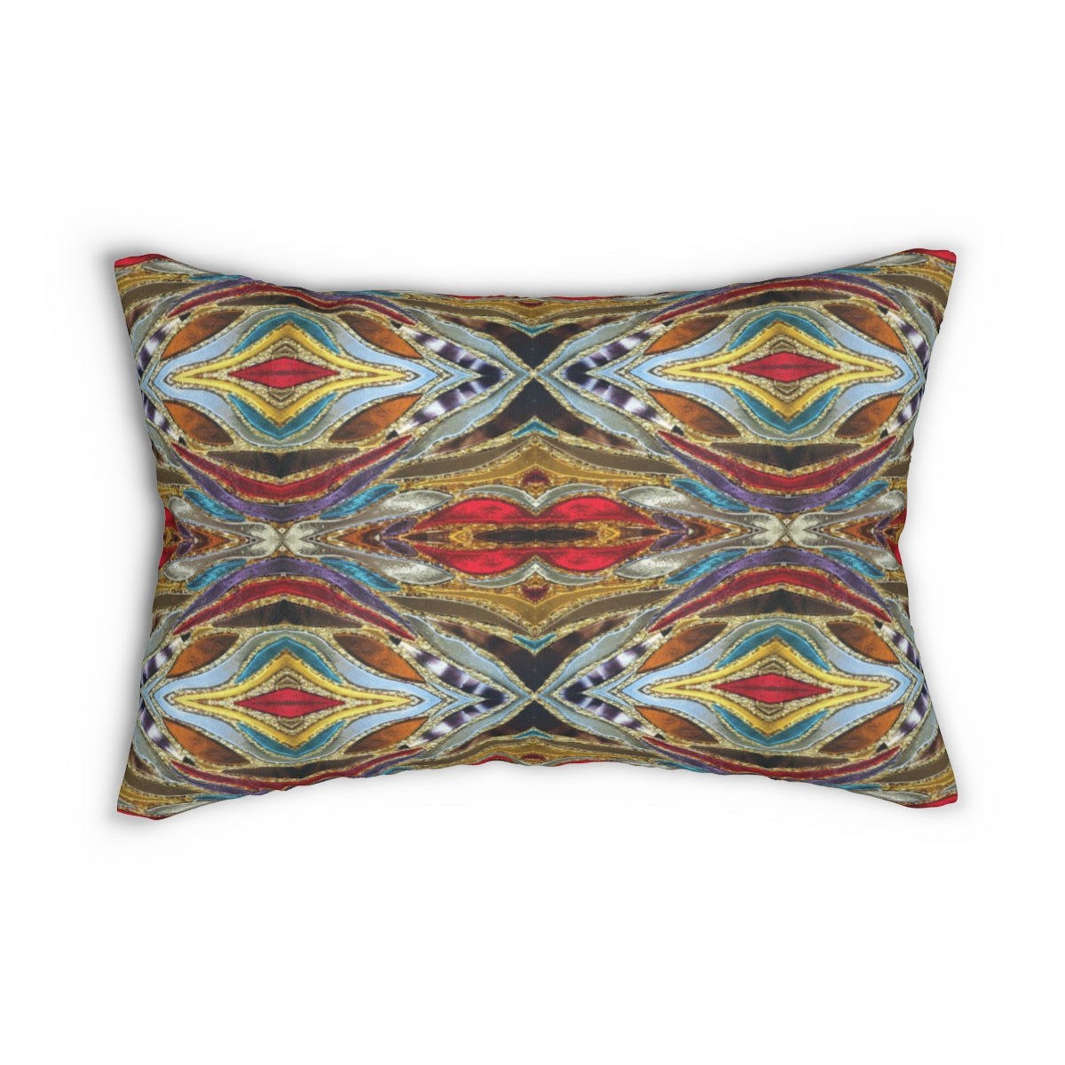 lumbar throw pillow with multi colored print pattern