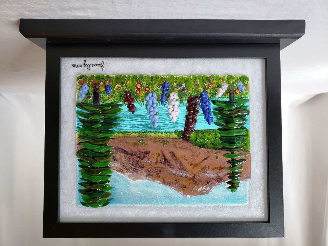 Mountain art of emerald lake lupins made of fused glass