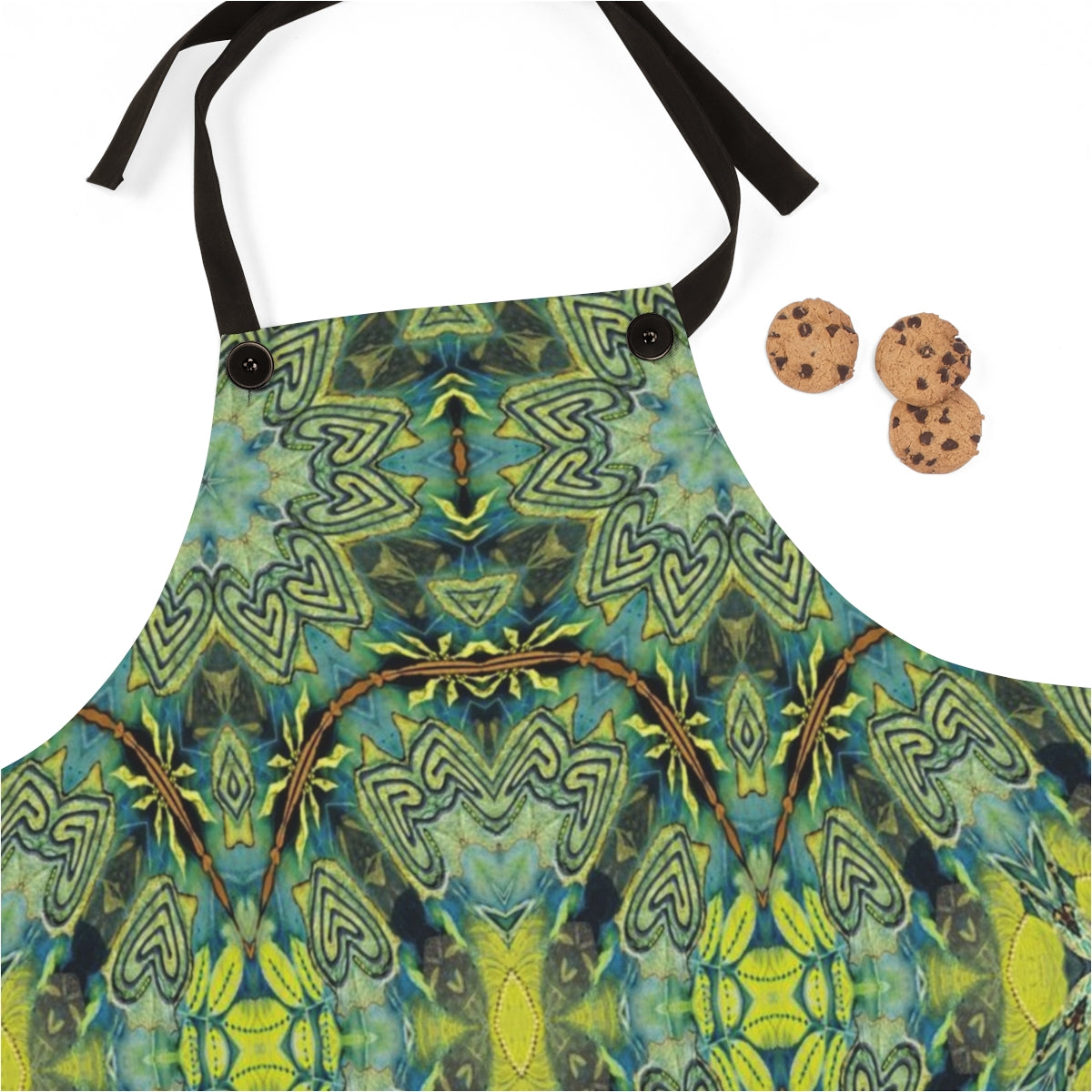 Navy blue apron with a green batik like pattern