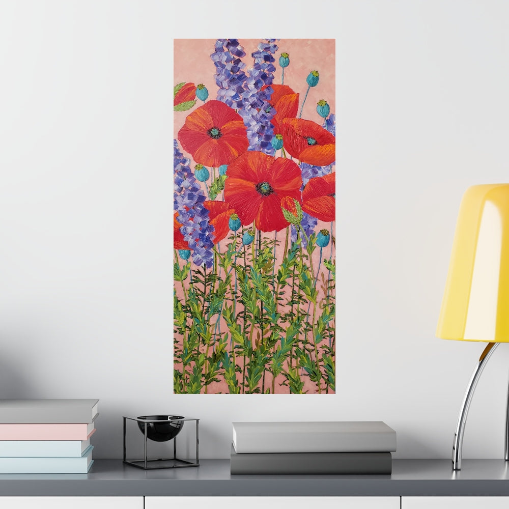 Painting or Poppies and delphiniums shown on a wall in home decor setting